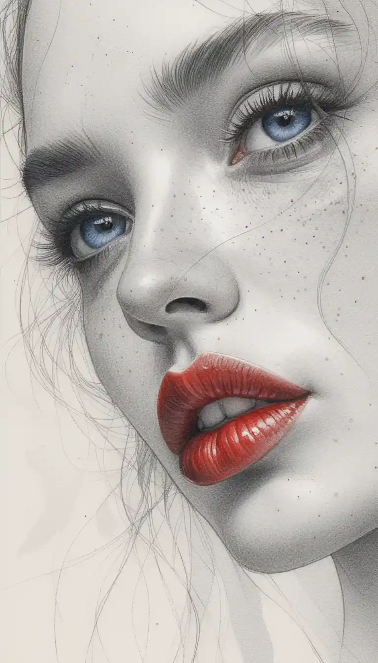 Selective color pencil portrait of a woman’s tilted face