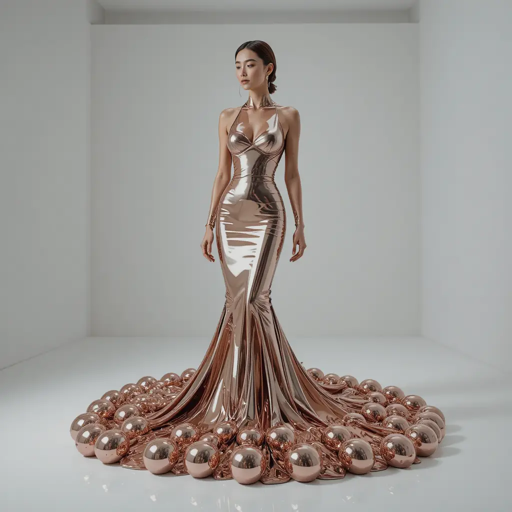 Modella di moda coreana in un abito sirena di metallo liquido