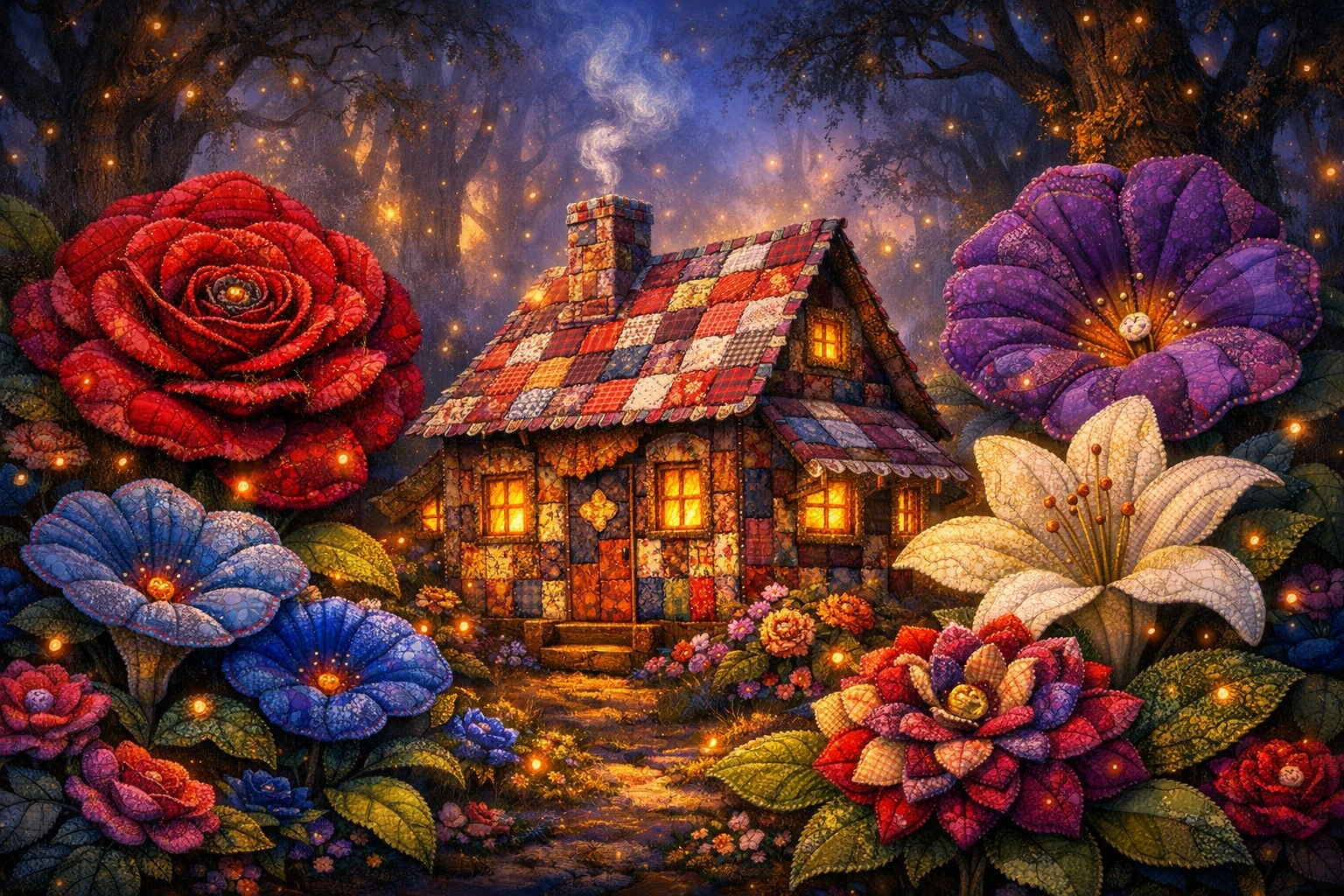 Verspielte gesteppte Hütte in einem surrealen Zwielichtwald