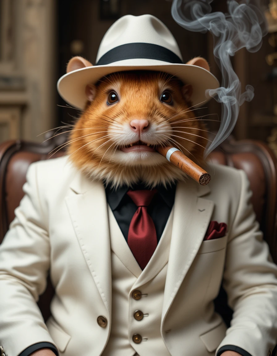 Chefe mafioso hamster carismático de terno branco com charuto