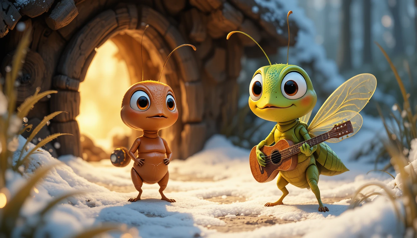 Grasshopper At Snowy Ant Hill With Warm Glowing Entrance