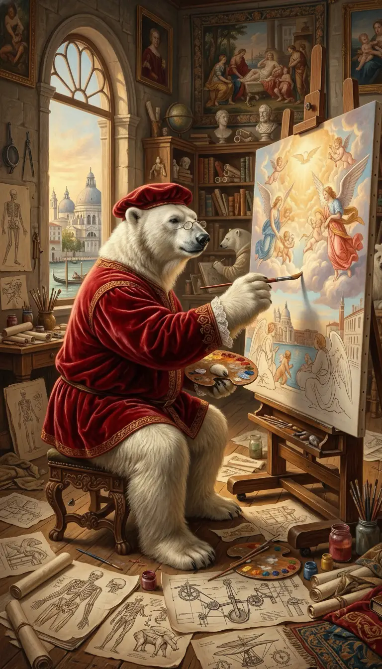 Renaissance polar bear painter in a glowing studio