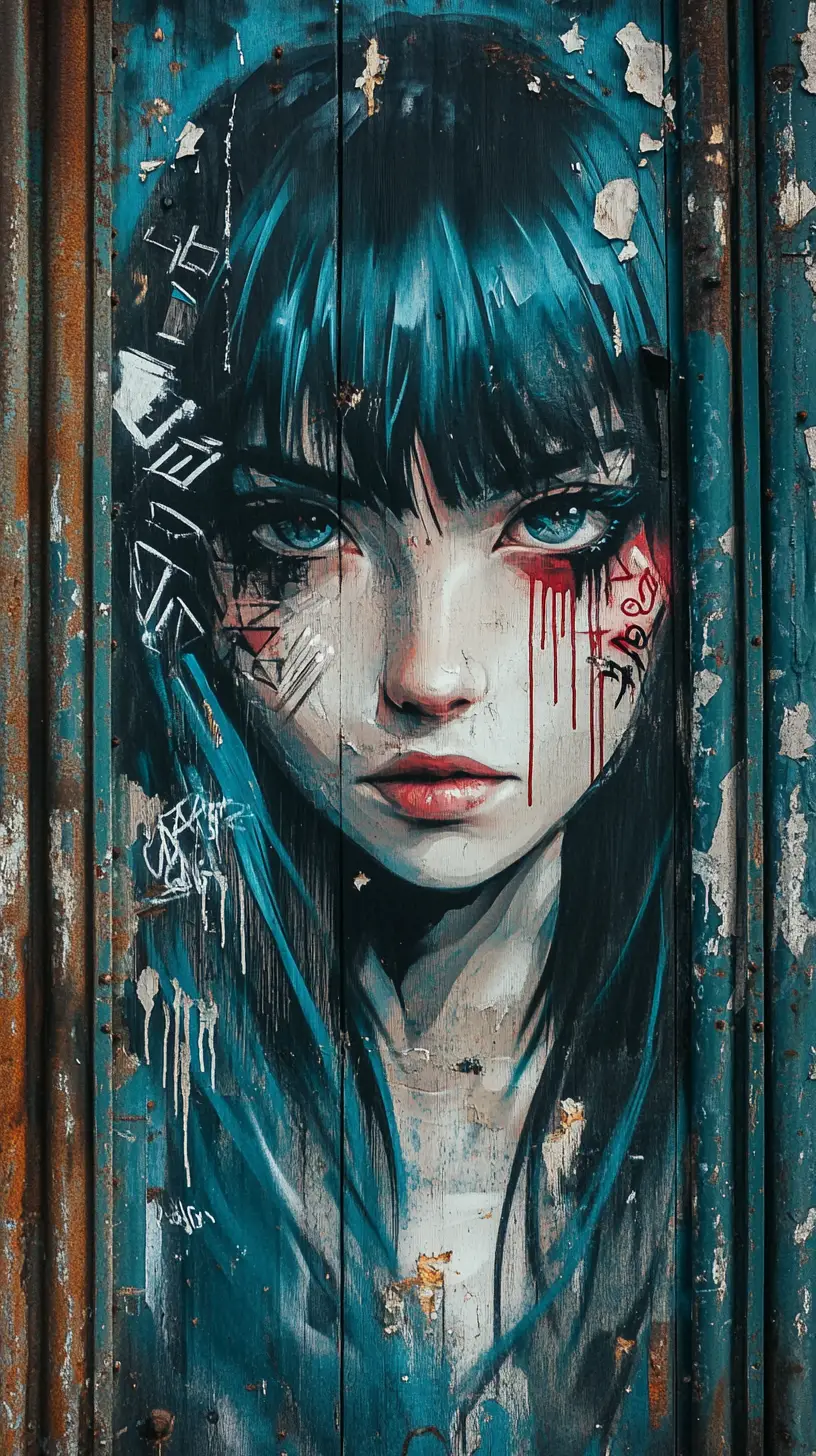 Graffiti portrait of a teal haired girl on metal door