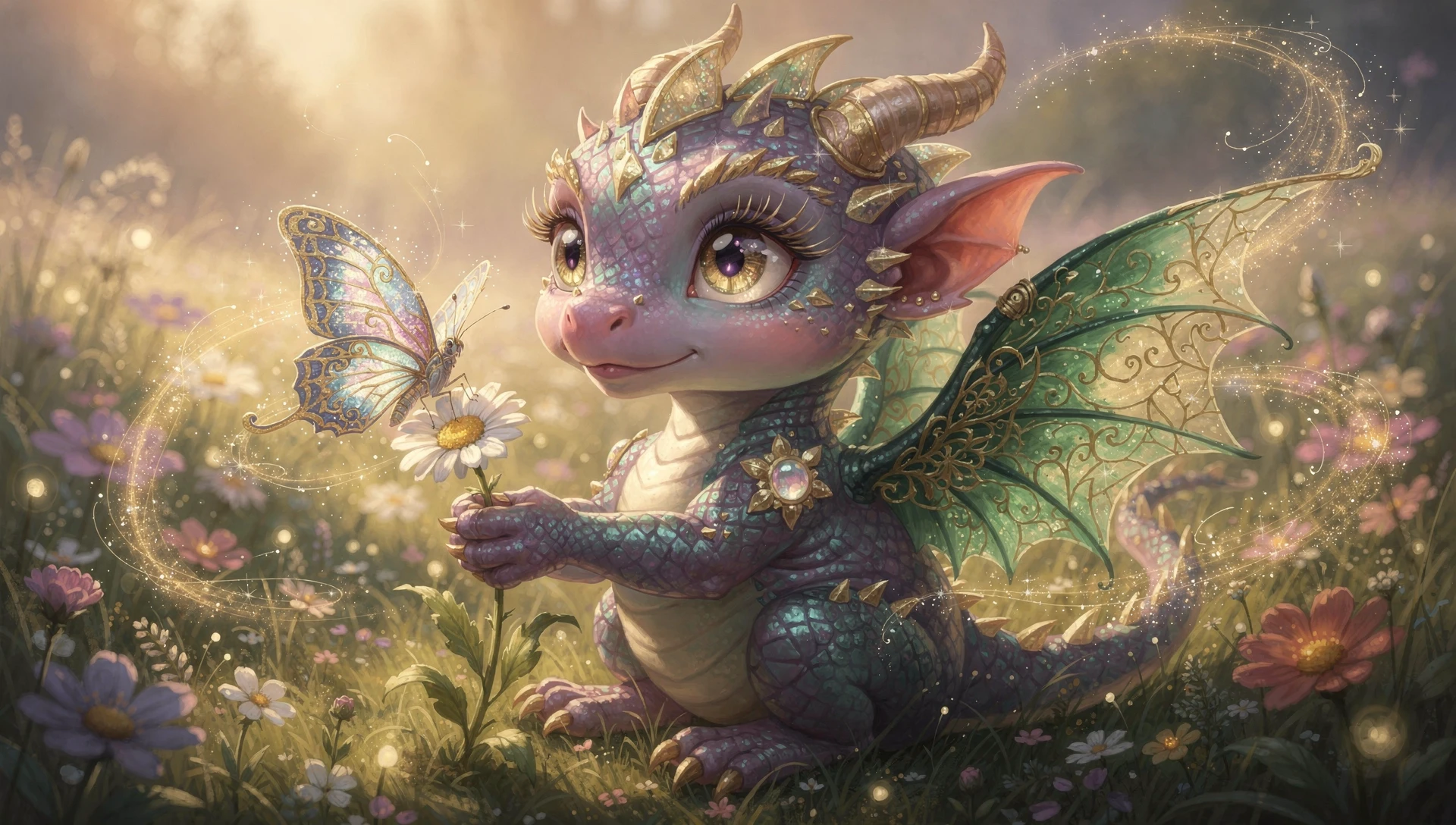 Verspielter Babydrache mit Schmetterling auf verzauberter Wiese