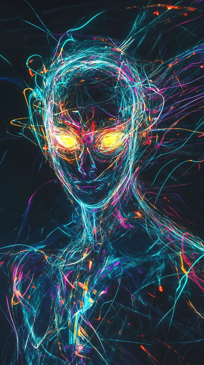Figura humana abstrata brilhante com olhos circulares luminosos