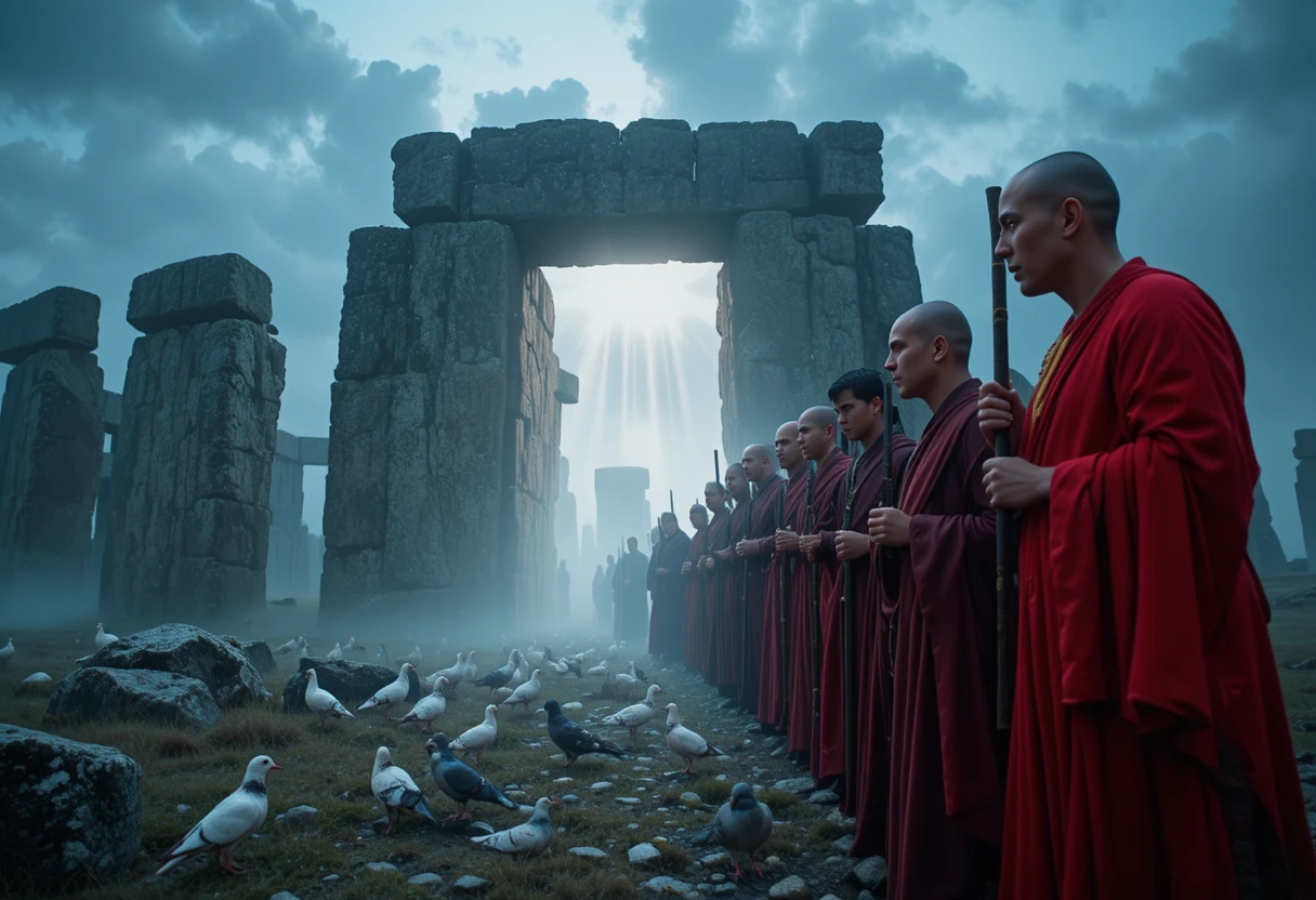Des Moines se Rassemblent devant Stonehenge dans un Portail de Lumière Radieux