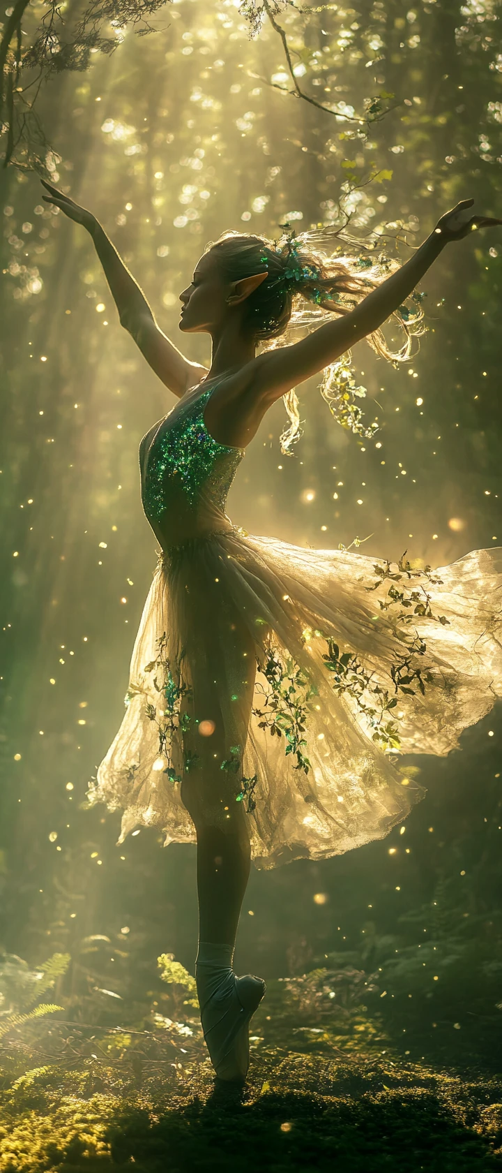 Elf ballerina pirouetting in a sunlit forest clearing