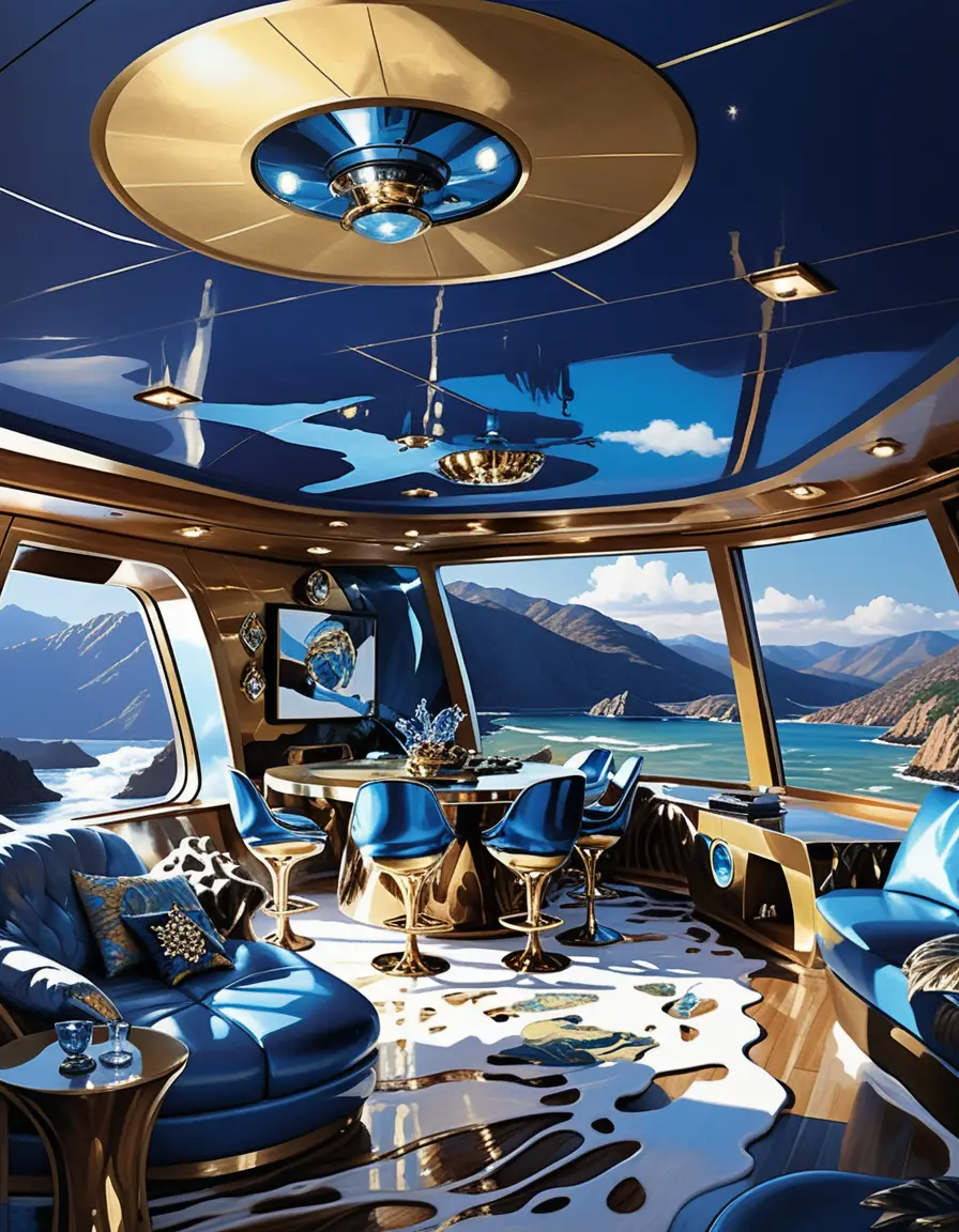 Futuristisches Luxus-Hausboot-Interieur, das vor dunklen Bergen leuchtet