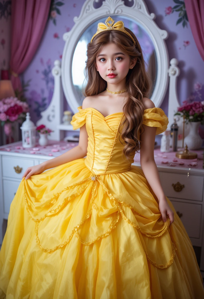 Tween-Junge im Belle-Kostüm posiert am Schminktisch in Disneyland
