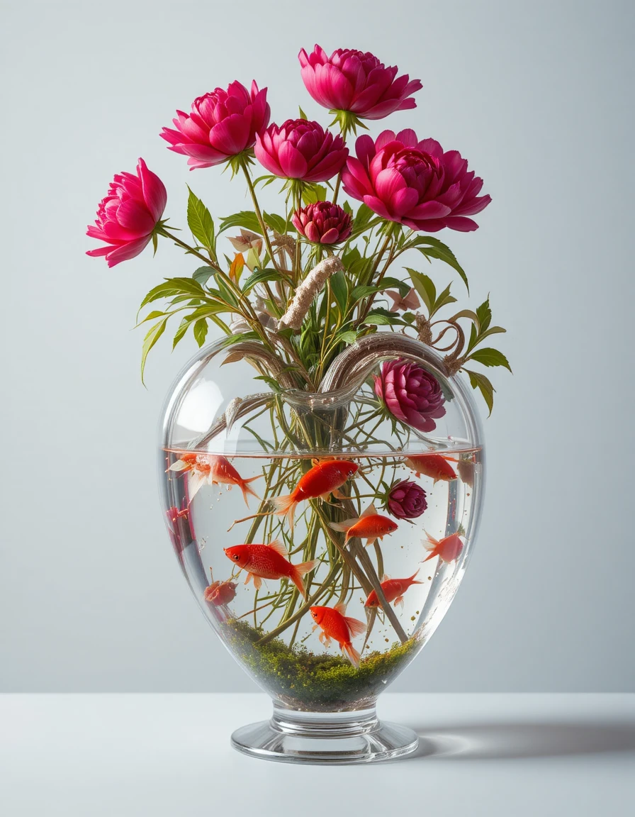 Glass heart vase with red peonies and tiny goldfish