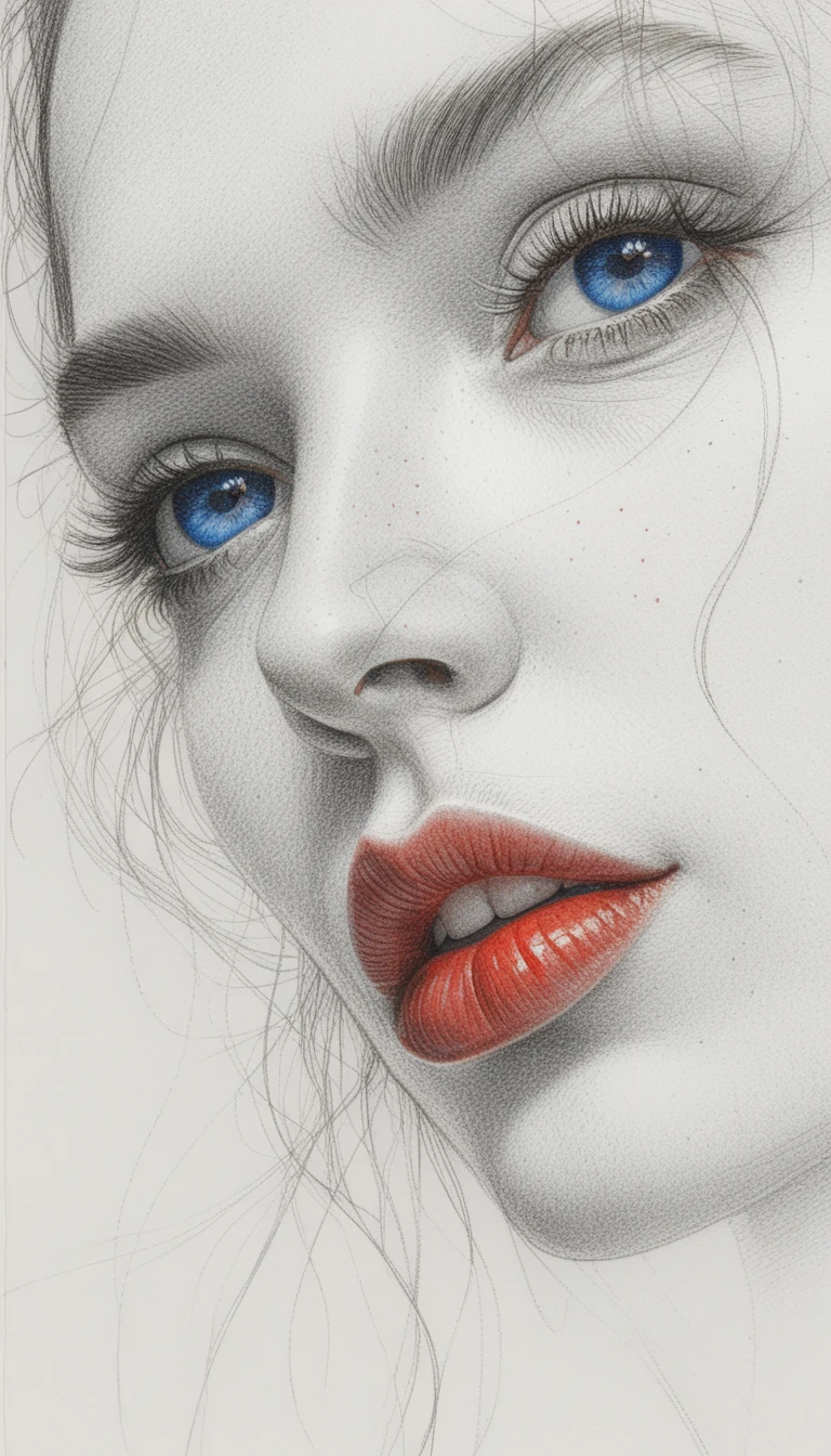 Selective color pencil portrait of a woman with blue eyes