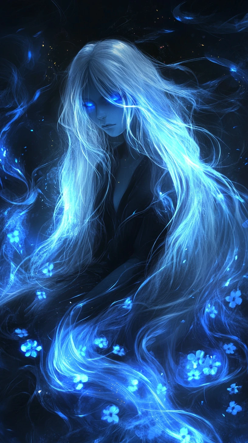 深藍虛空中發光的飄渺幽靈女子
