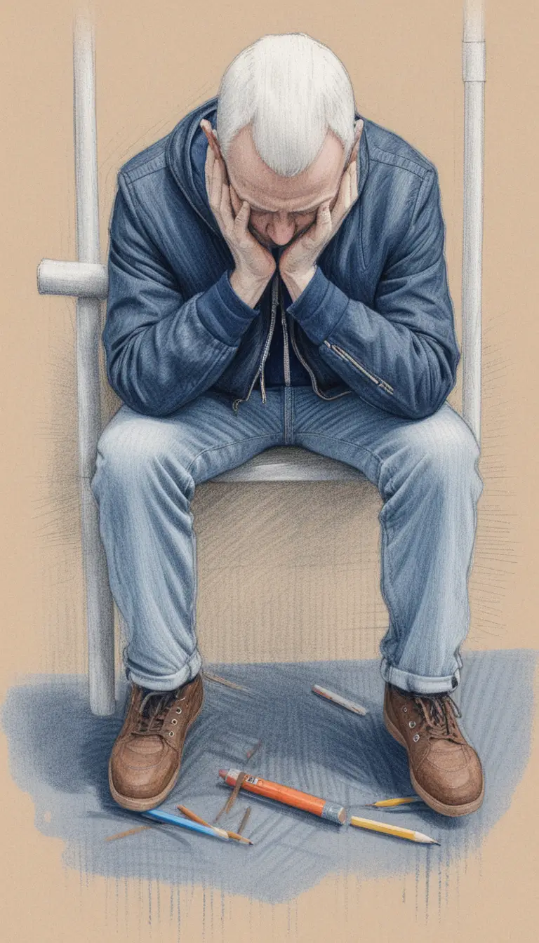 Man with face in hands sitting on subway bench