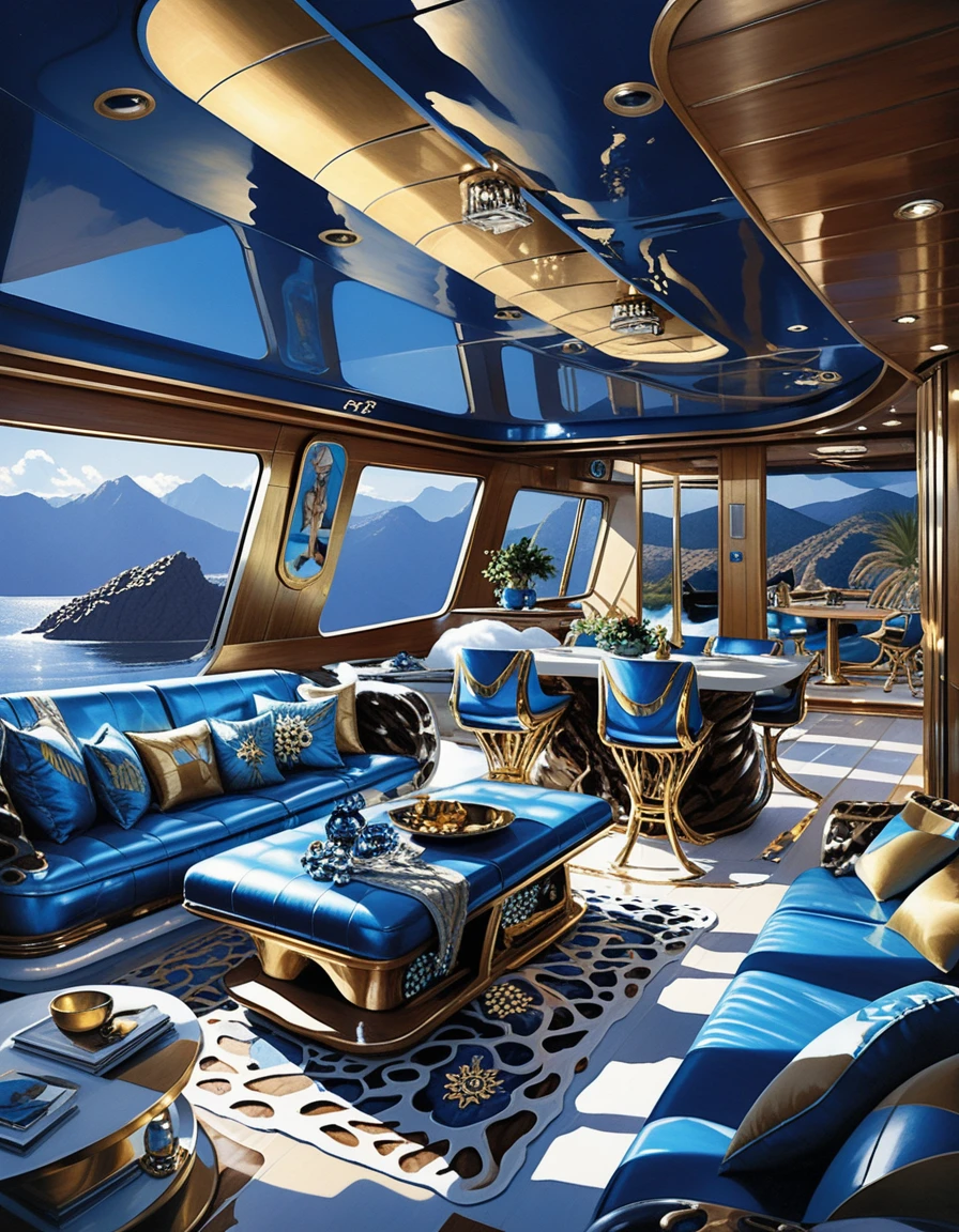 Futuristisches Luxus-Hausboot-Interieur, das im Dunkeln leuchtet