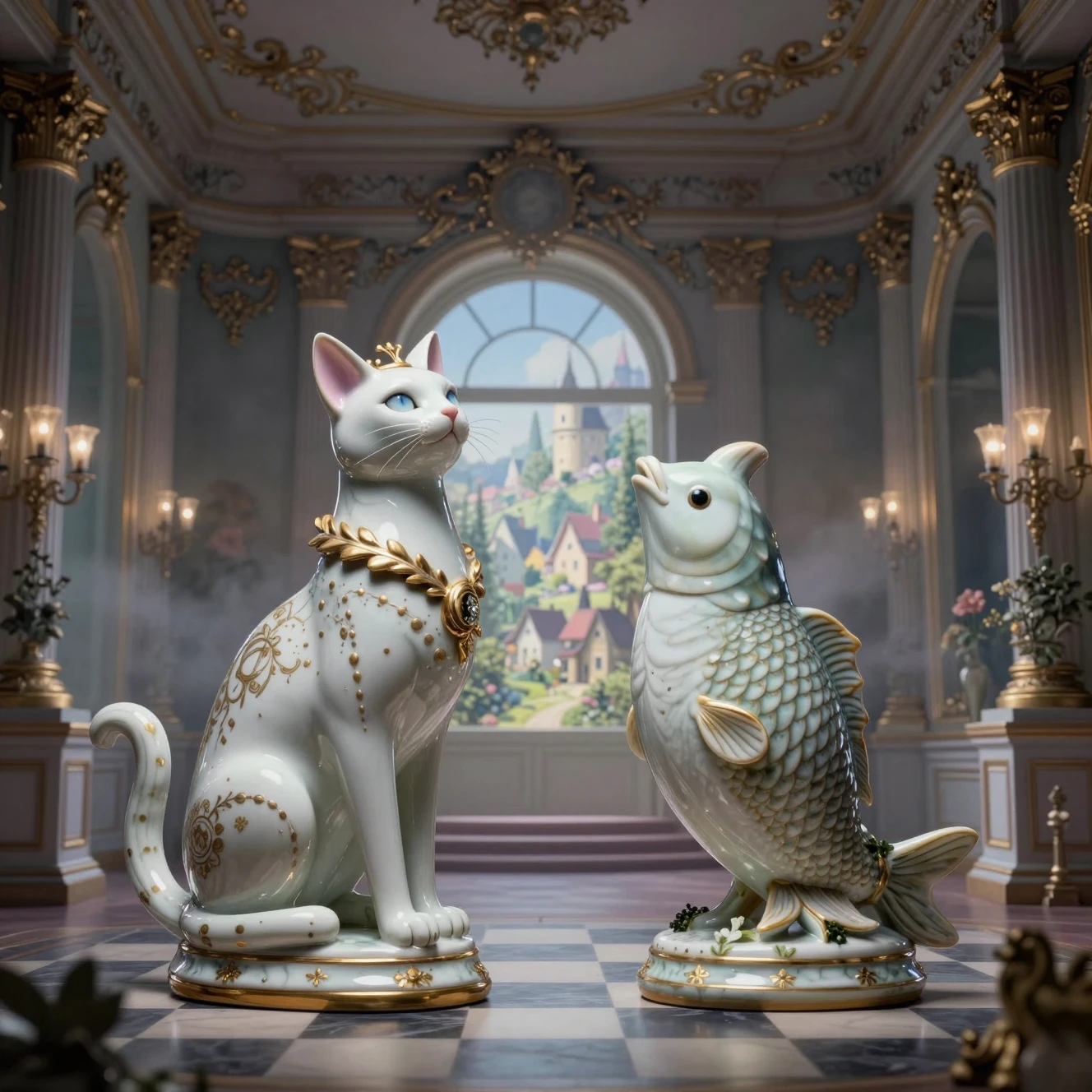 Chat et poisson en porcelaine inspirés des échecs dans un intérieur baroque