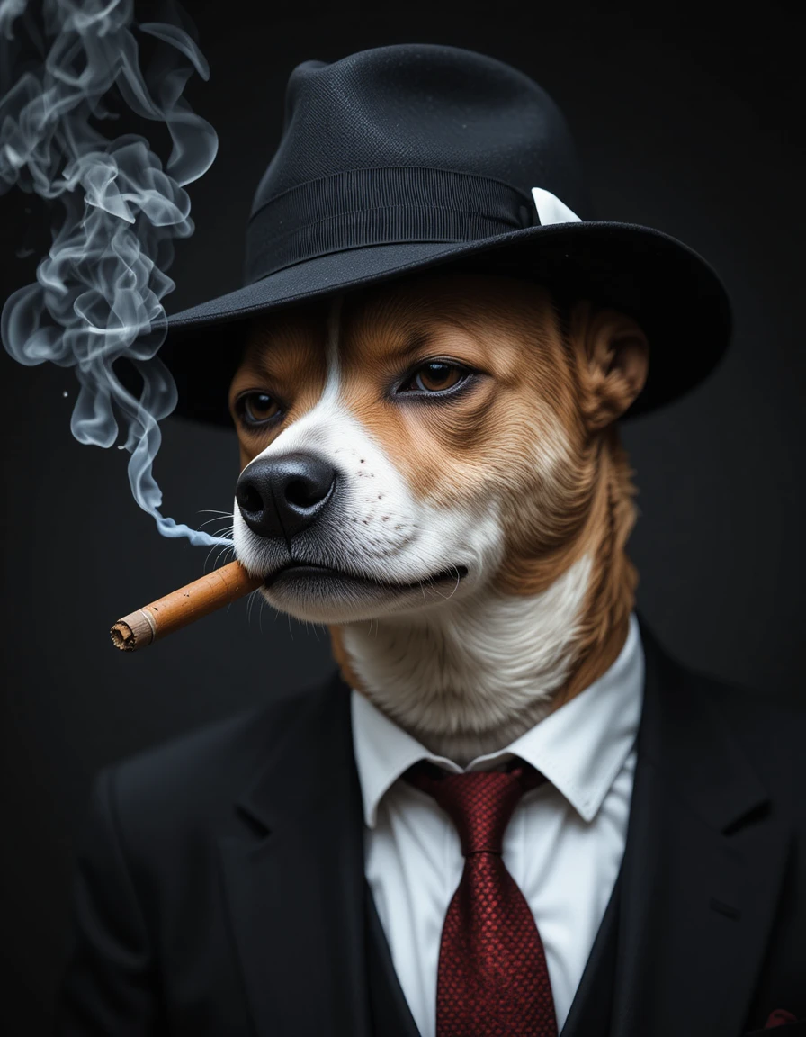 Cão chefão da máfia fumando charuto em uma rua da Sicília