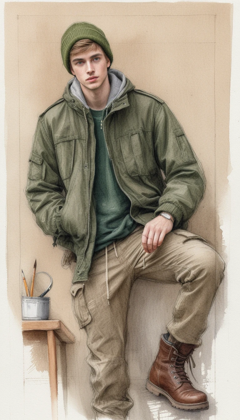 Retrato a lápis de cor de jovem em streetwear casual