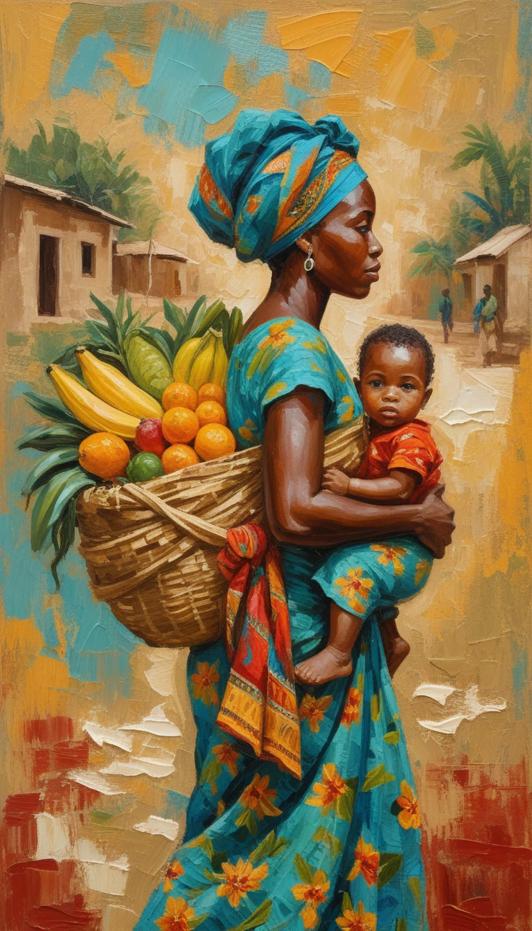 African mother carrying fruit bundle in impasto painting