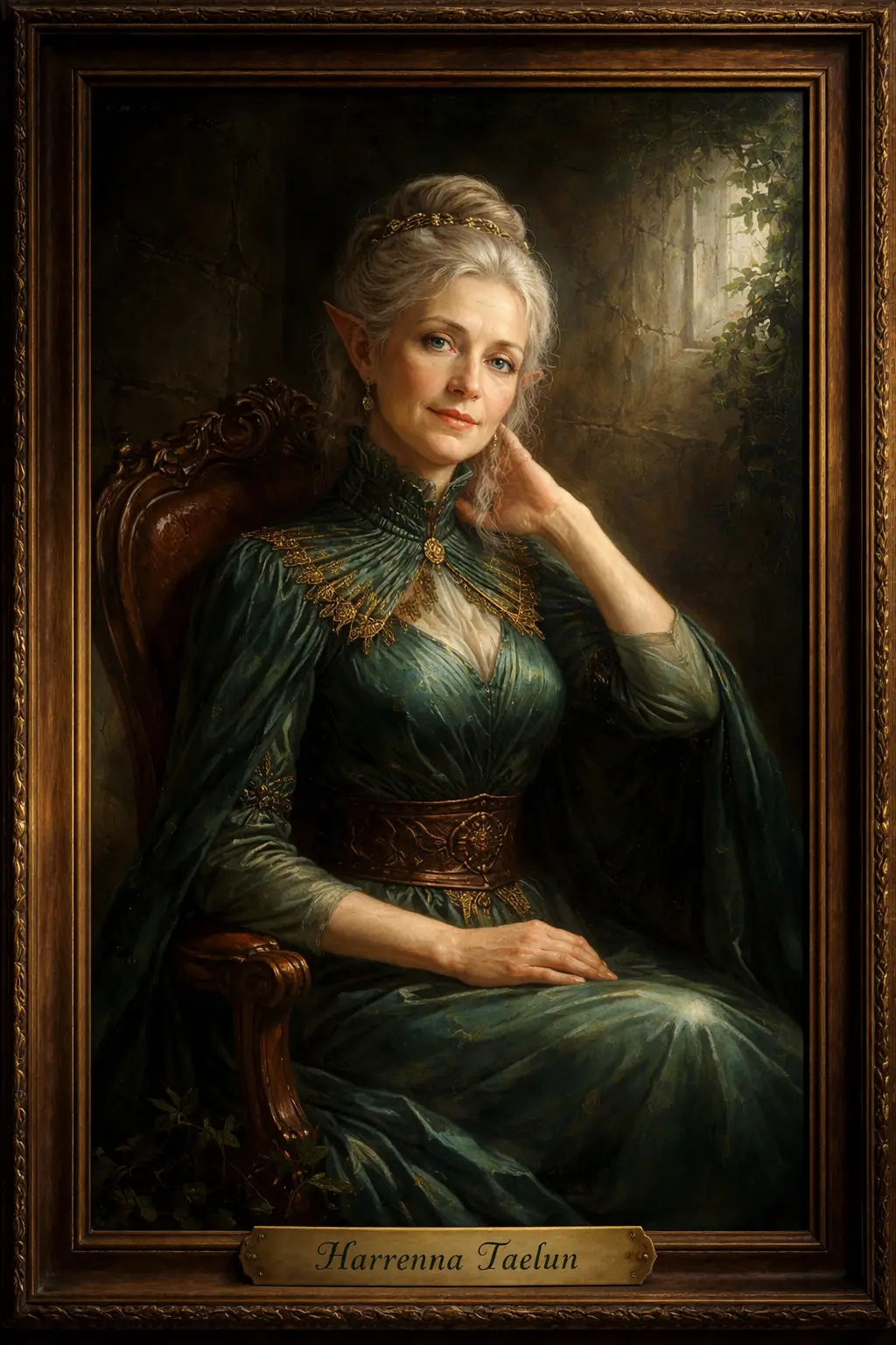 Idosa elfa em uma elegante pintura de retrato em cetim