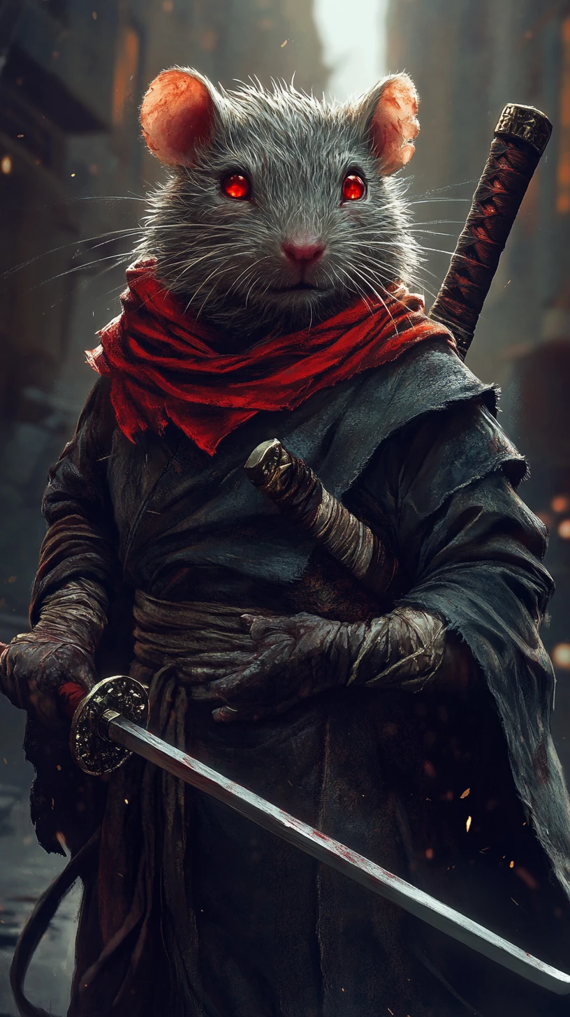 Guerrier rat anthropomorphe avec katana dans une ruelle sombre