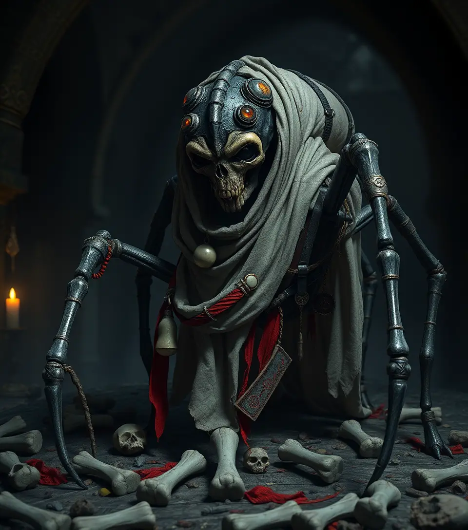 Gothic monster crouched in candlelit crypt with bones