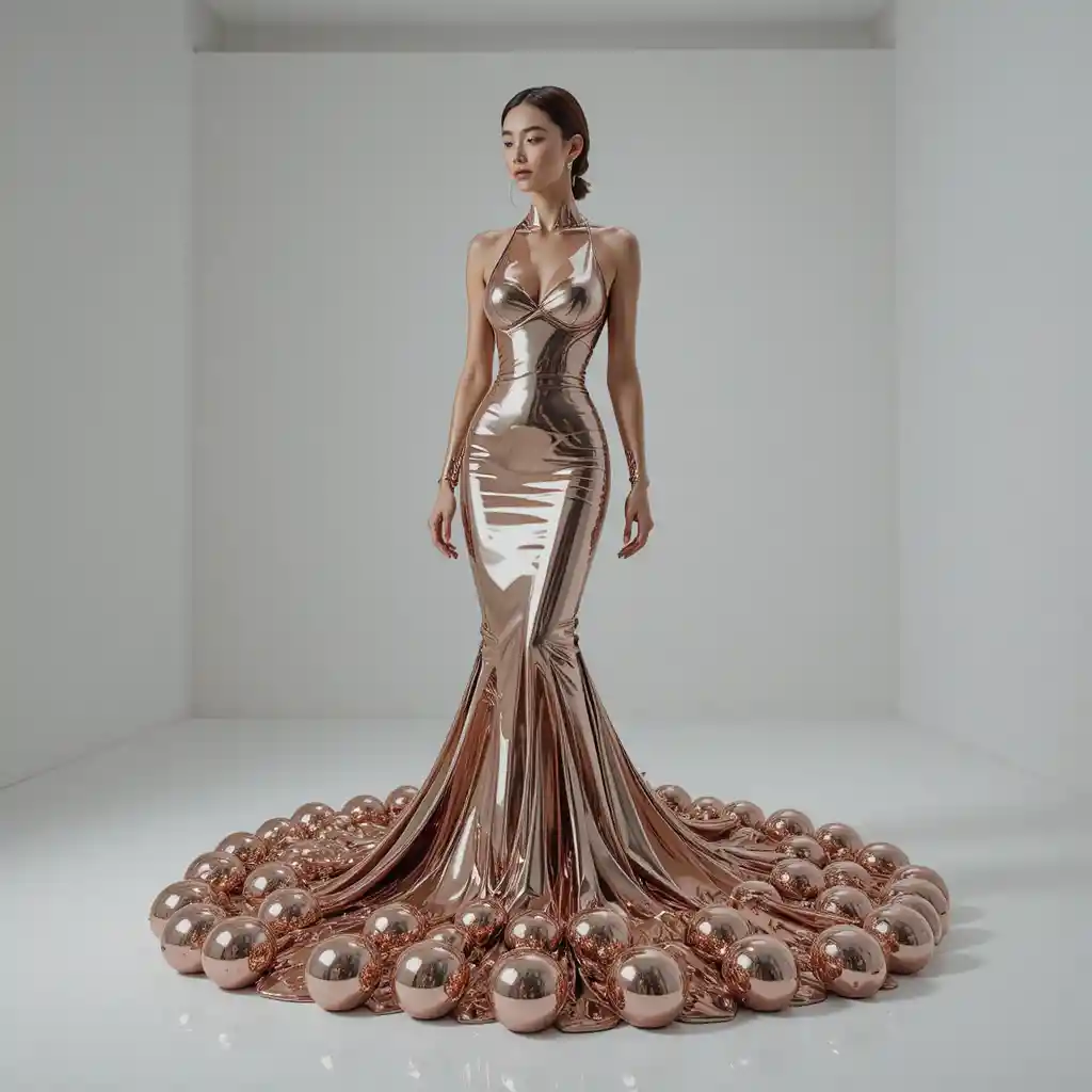 Modella di moda coreana in un abito sirena di metallo liquido