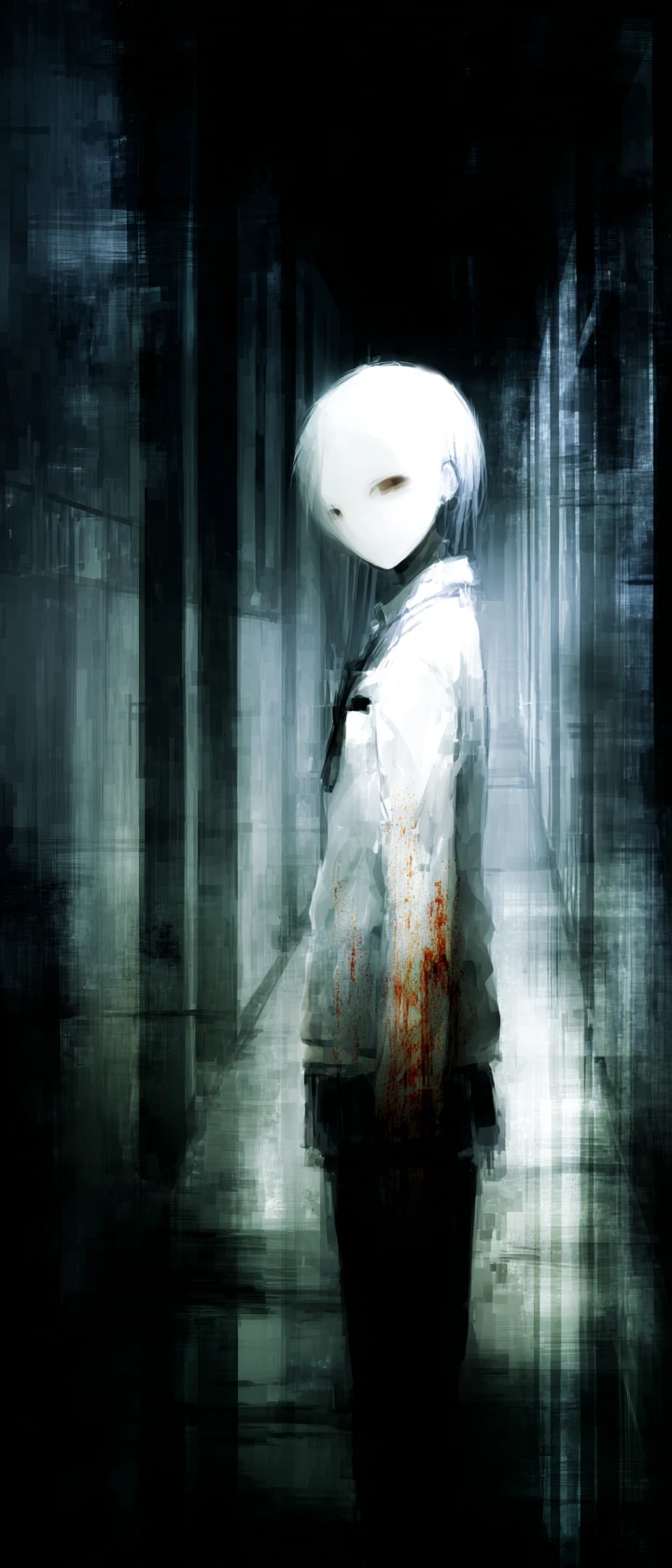 Faceless anime figure in school uniform at end of hallway