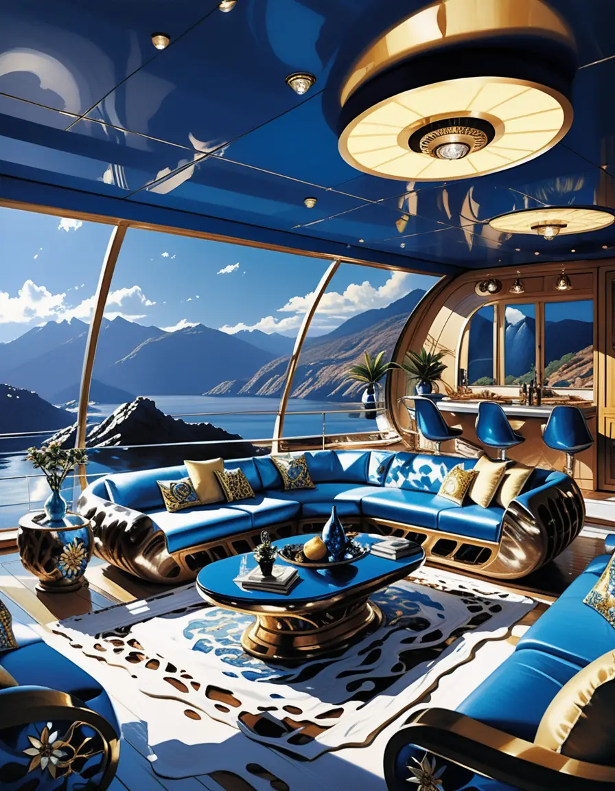 Luxuriöses Hausboot-Interieur leuchtet vor dunkler Berglandschaft