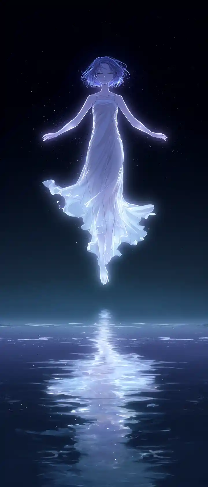 Donna anime spettrale che fluttua sopra un lago illuminato dalla luna