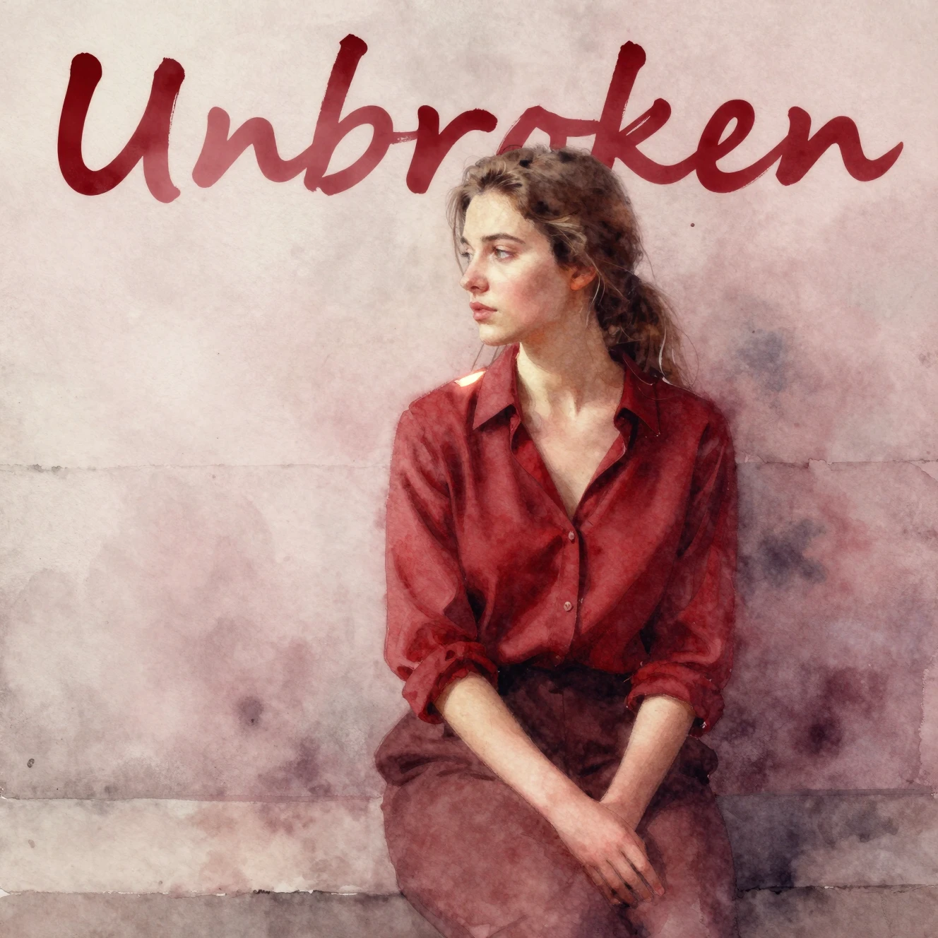 Watercolor portrait of a young woman in red against concrete