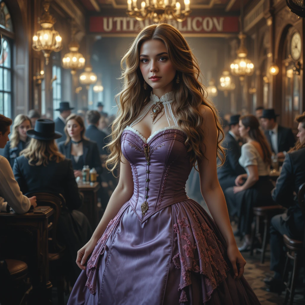 Victorian woman in satin corset dress inside busy saloon