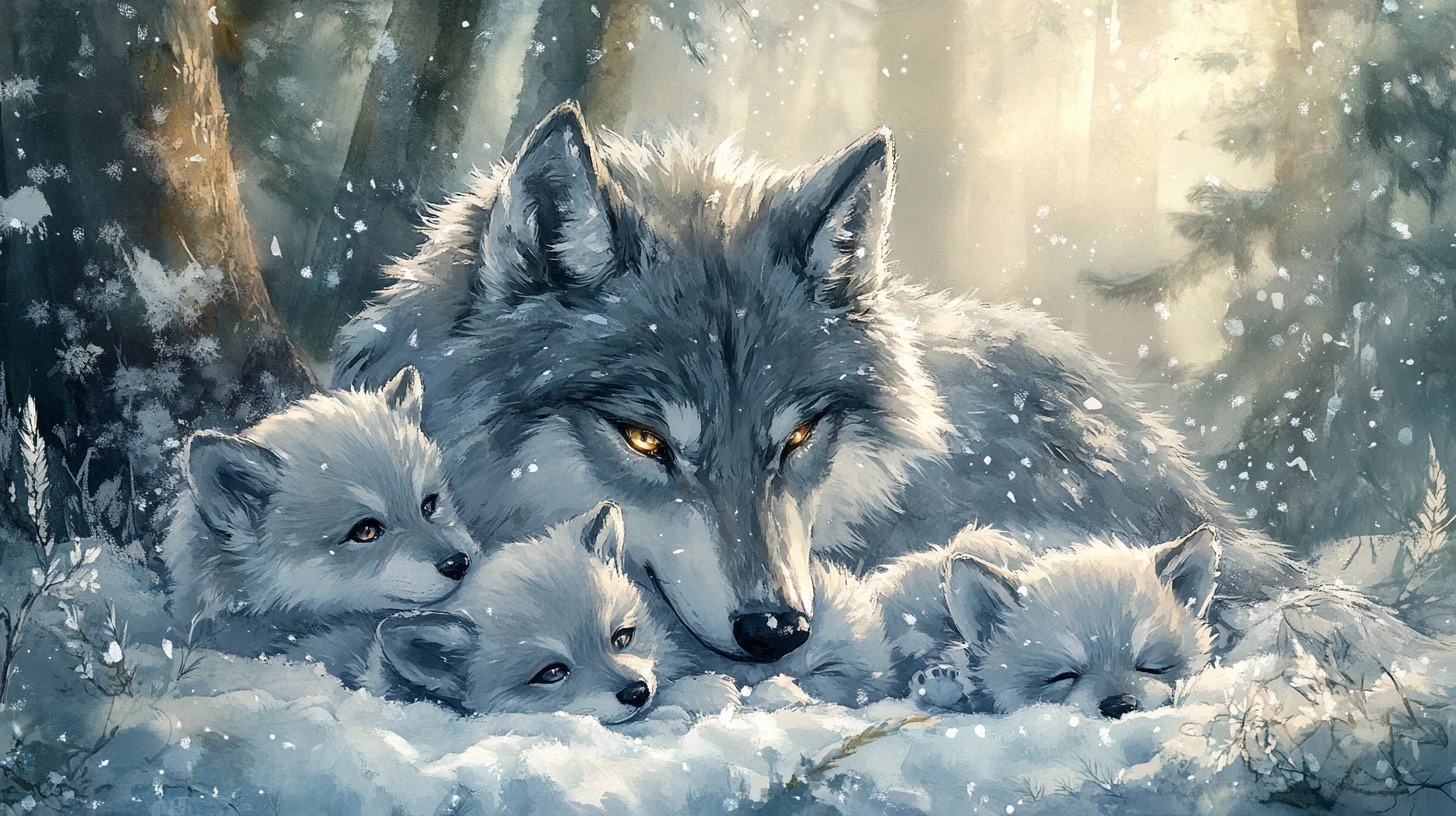 Família de lobos em aquarela se aconchegando em uma clareira nevada da floresta