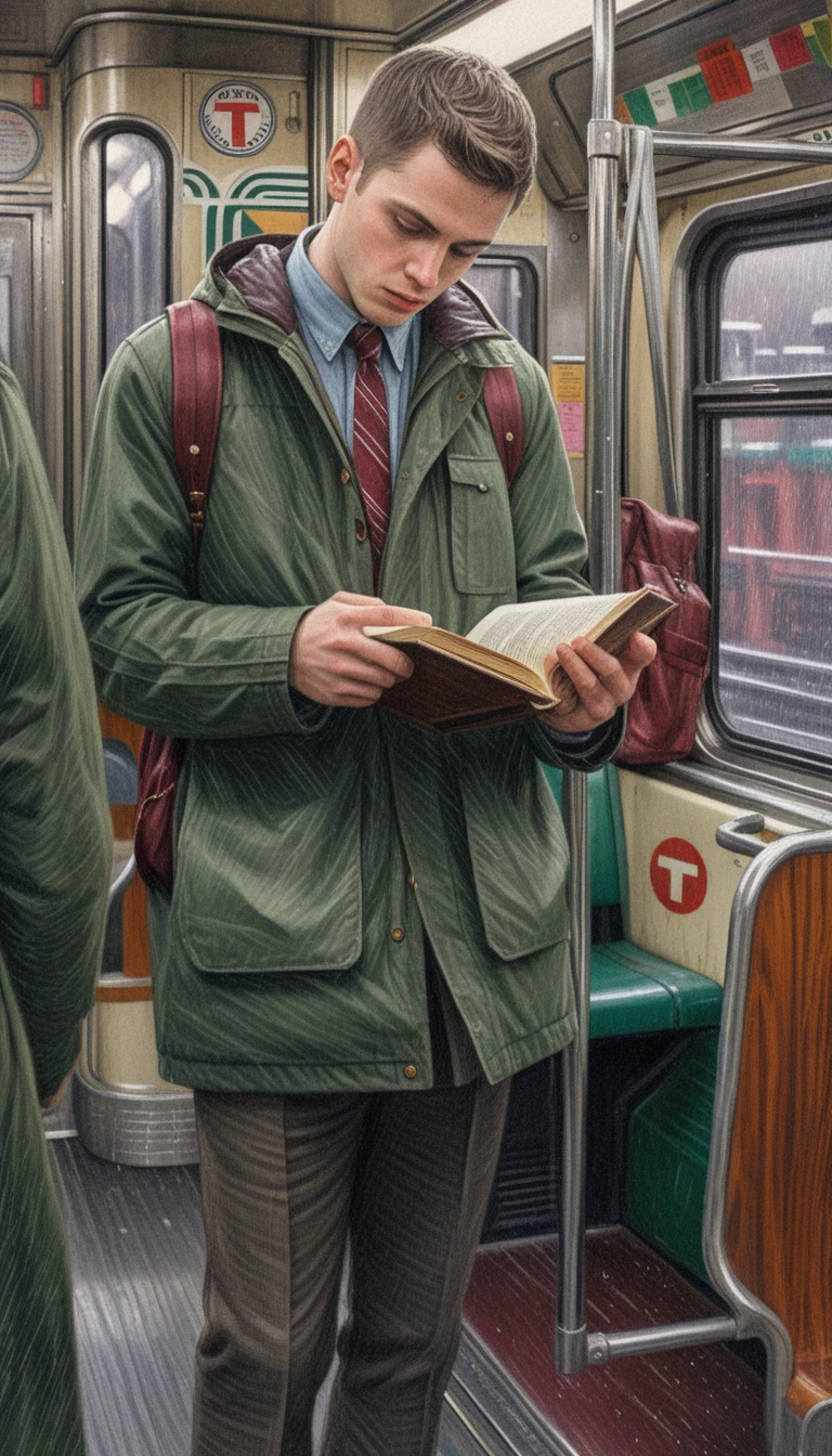 Junger Mann liest in einer nostalgischen Bostoner U-Bahn