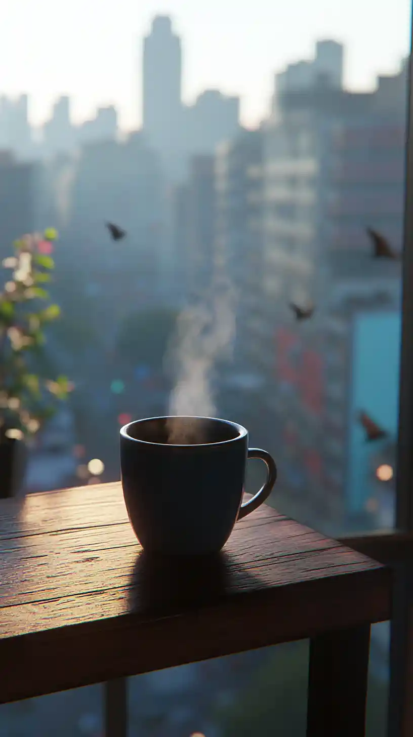 Tazza di caffè fumante su un tavolino di legno sopra la città che si risveglia