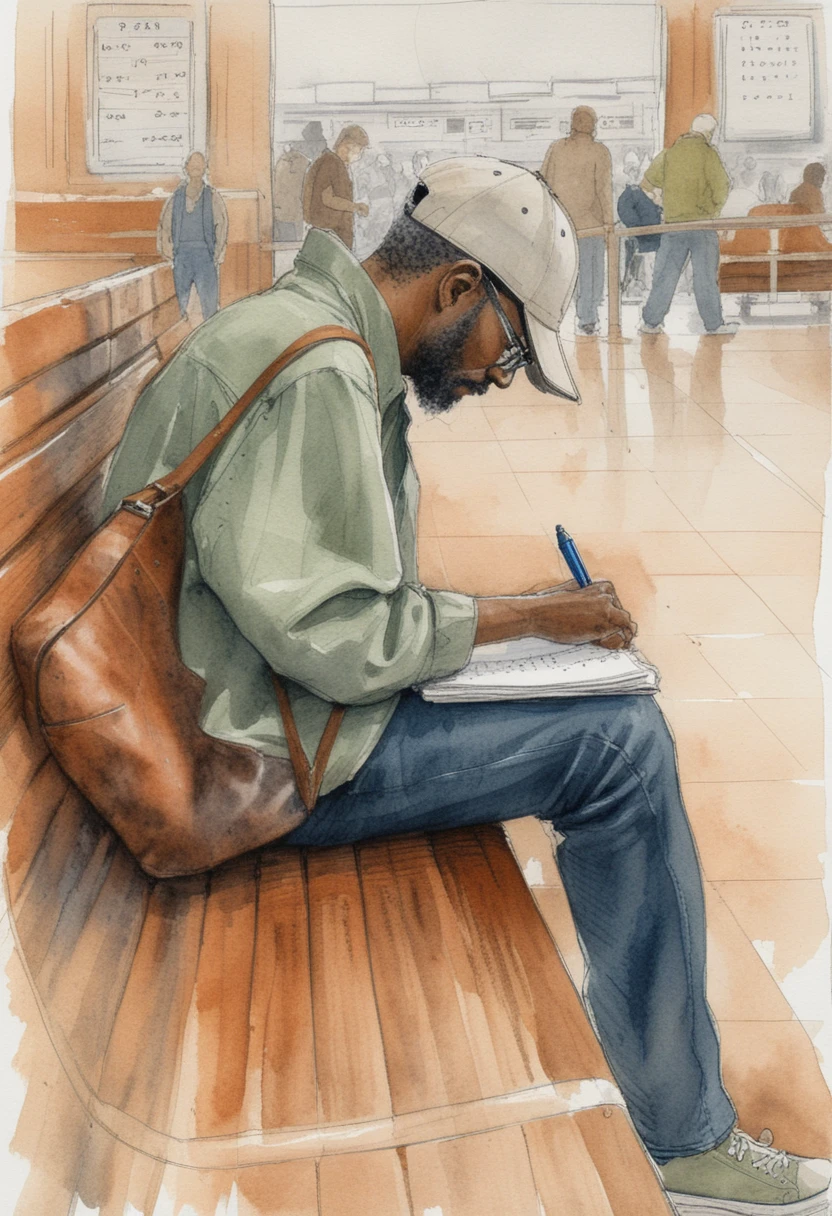 Urban sketch of man writing on bench in station