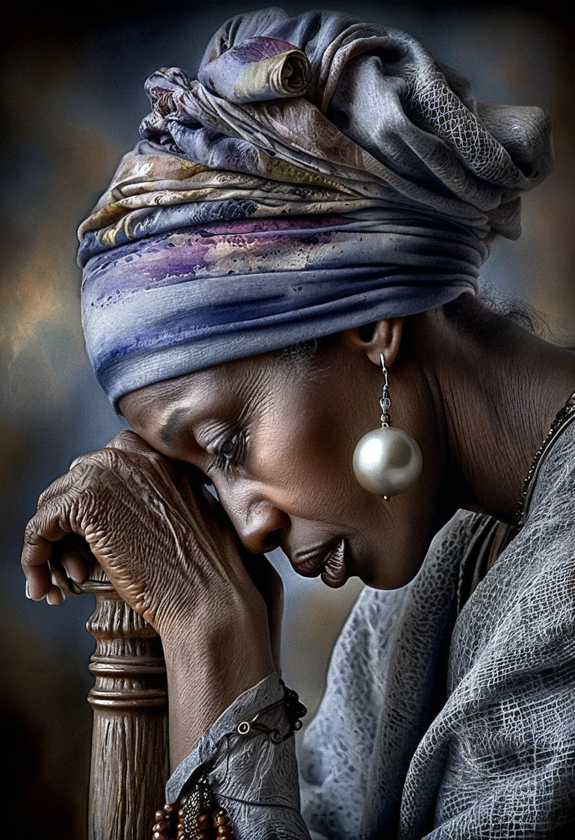 Elderly Black Woman In Profile With Lavender Headscarf
