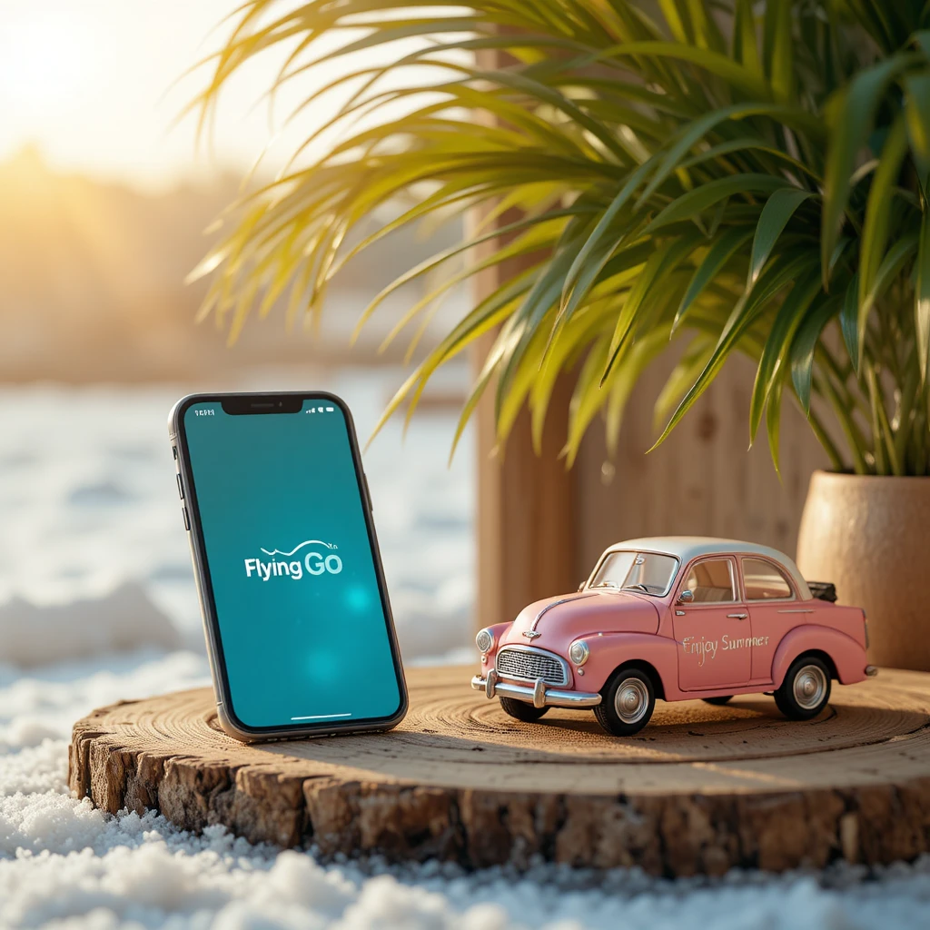 Smartphone auf Treibholz-Schreibtisch mit pinker Sommerauto-Deko