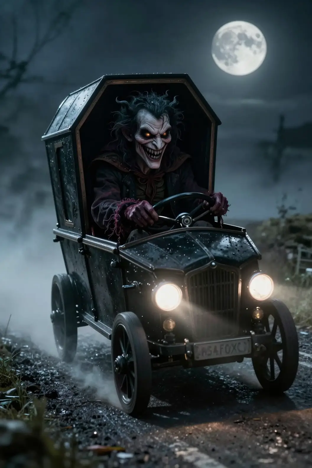 Sinister goblin driving a black coffin hearse at night
