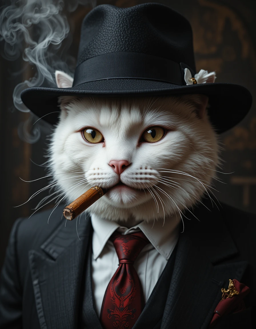 Chat blanc parrain de la mafia en costume noir et fedora