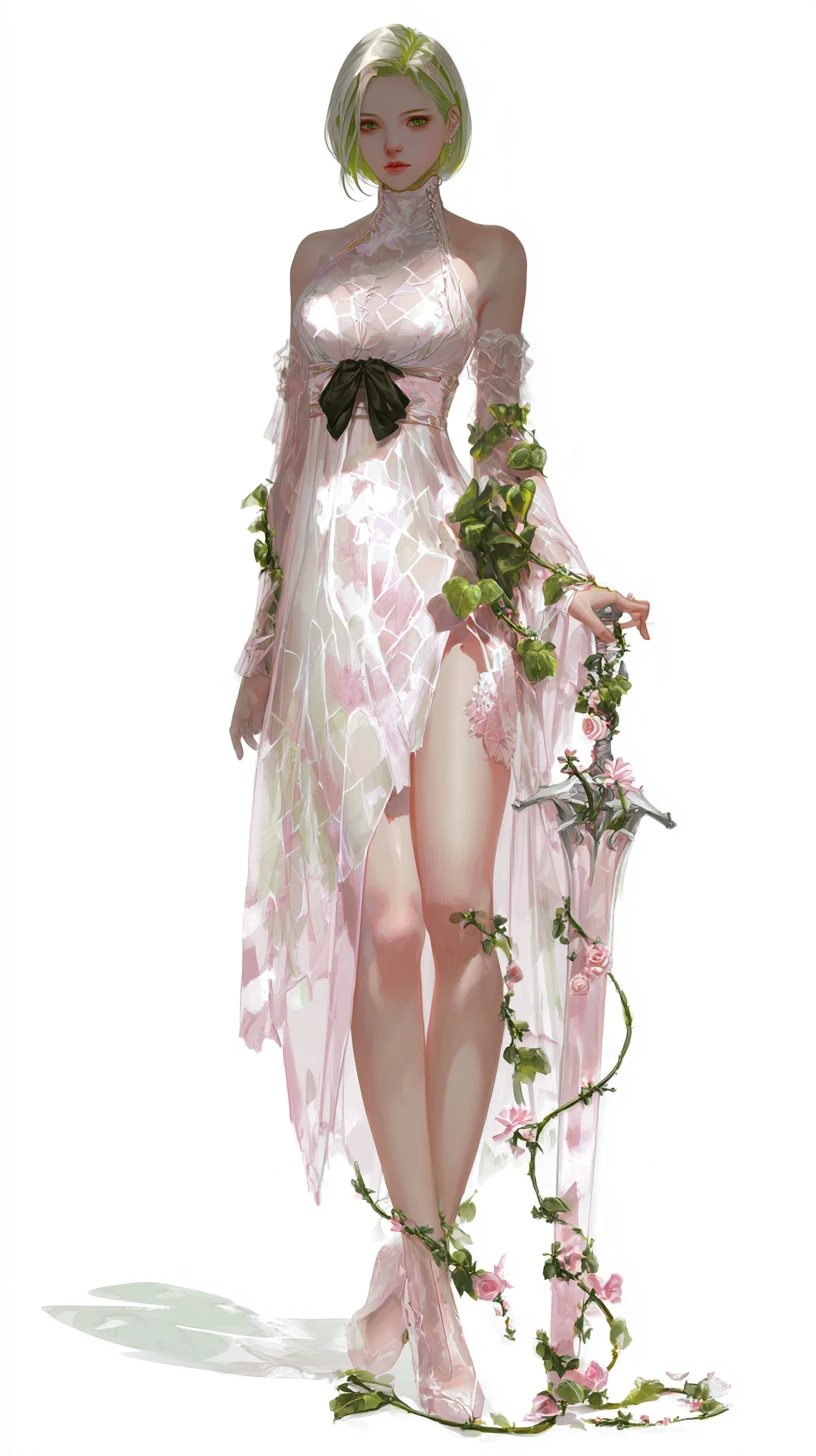 Anime woman with neon green bob and glowing scythe