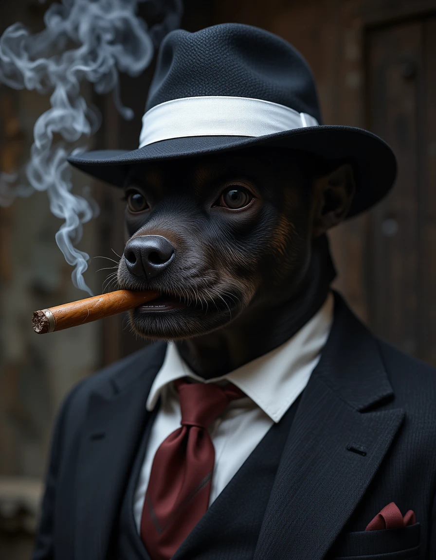 Cachorro chefe da máfia de terno preto fumando charuto na Sicília