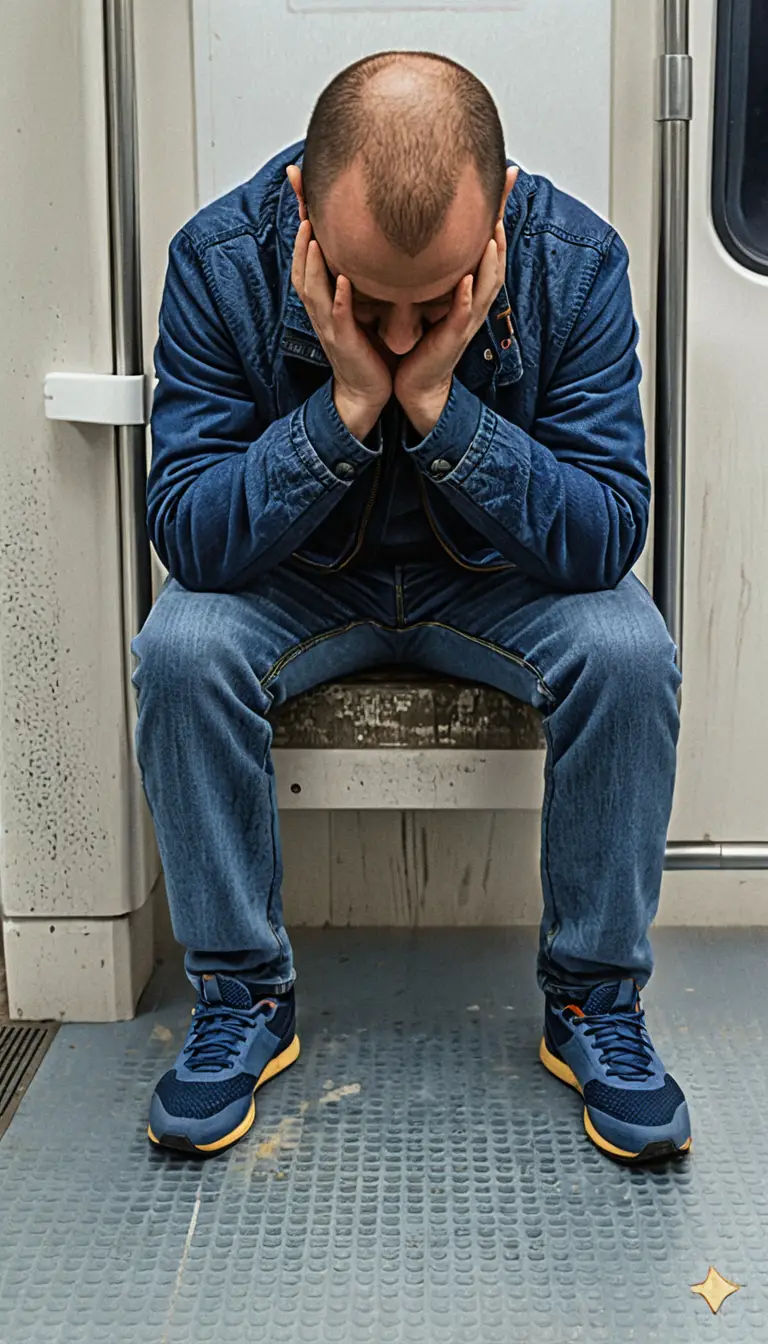 Man in despair sitting on a subway bench drawing