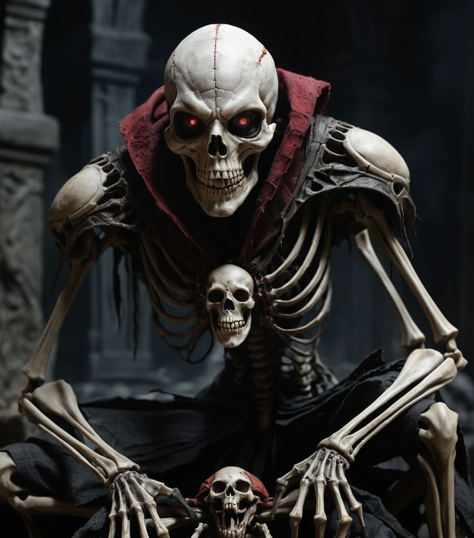 Furchterregendes skelettiertes Spinnen-Kryptenmonster in kerzenbeleuchteter Gruft