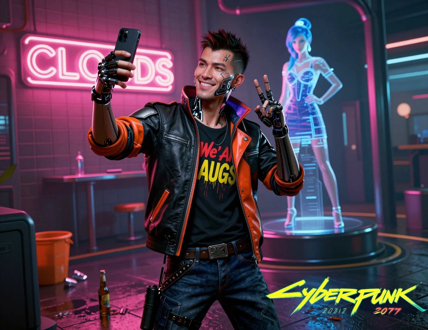Cyberpunk man taking a neon lit selfie outside club