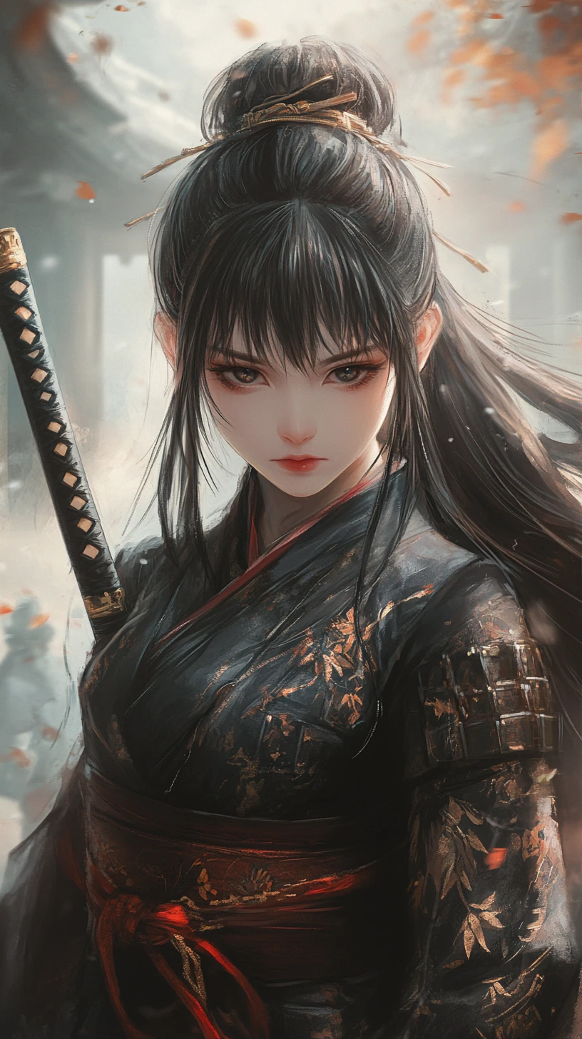 Chica samurái con kimono negro frente a templo japonés entre la niebla