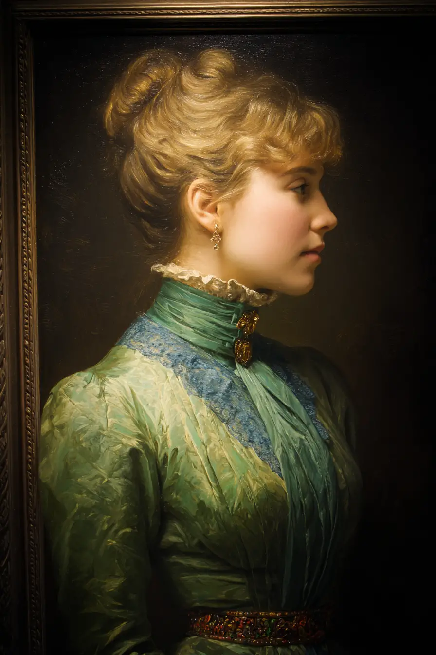 Retrato a óleo de jovem mulher iluminado por suave luz de janela