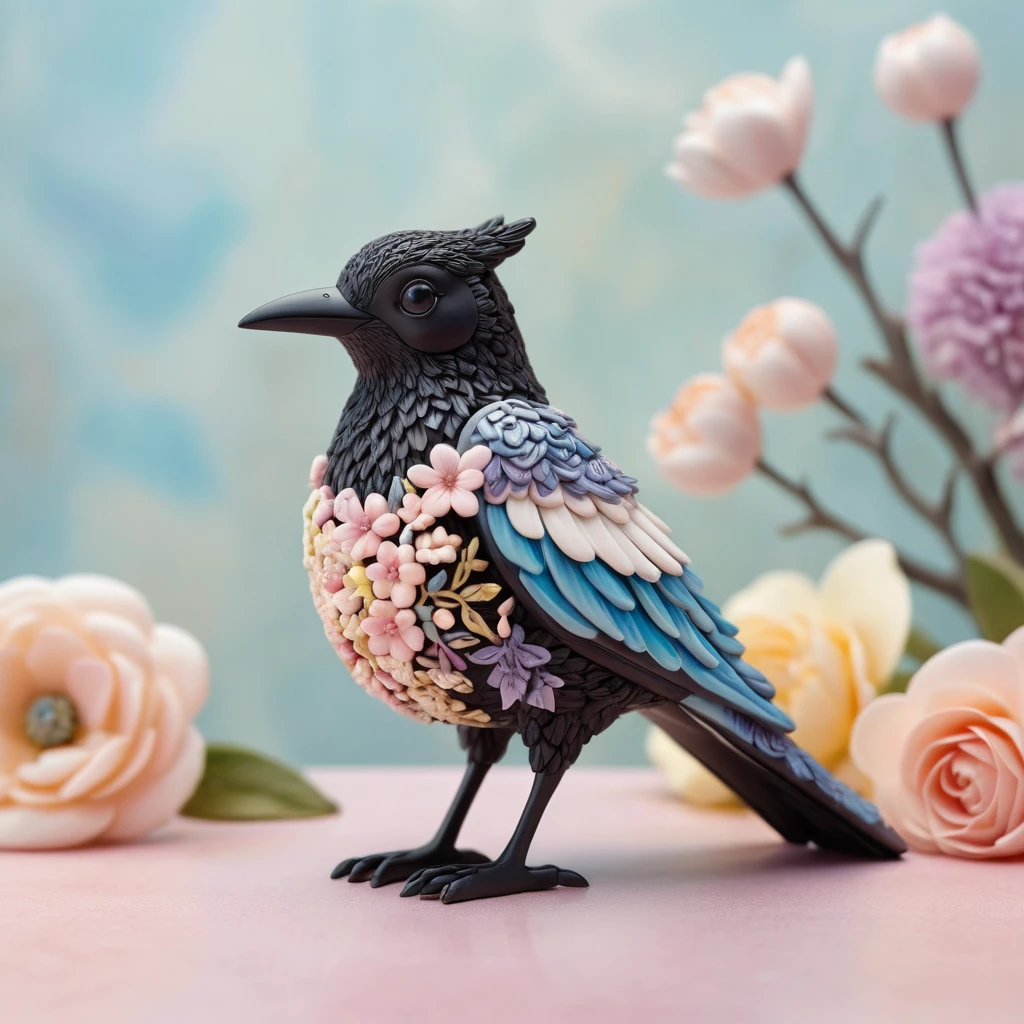 Figura de pega em claymation em cenário floral em tons pastéis suaves