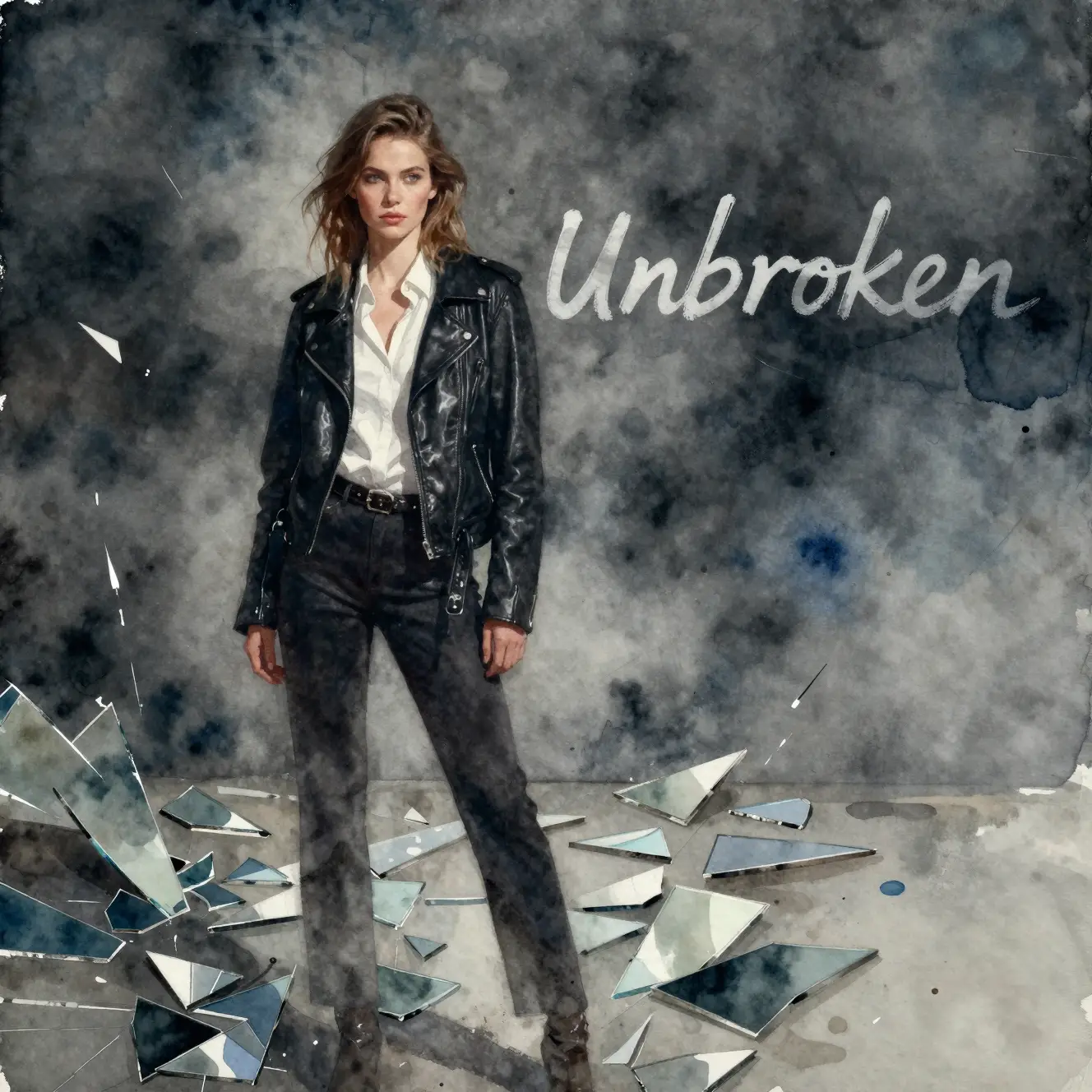 Watercolor girl in leather jacket amid fractured mirror shards