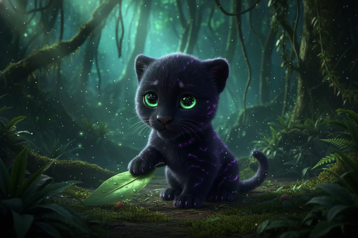 Bioluminescent Panther Cub Playing On Twilight Rainforest Floor