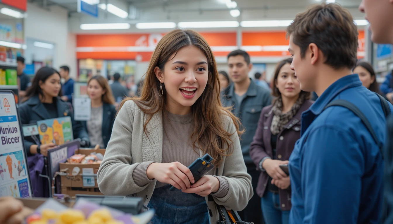 Woman panicking at store checkout after forgetting her wallet